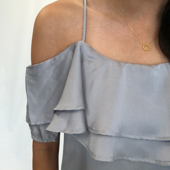 🔵ELAINE Silver Satin Ruffled Cold Shoulder Top - Picture 5 of 8